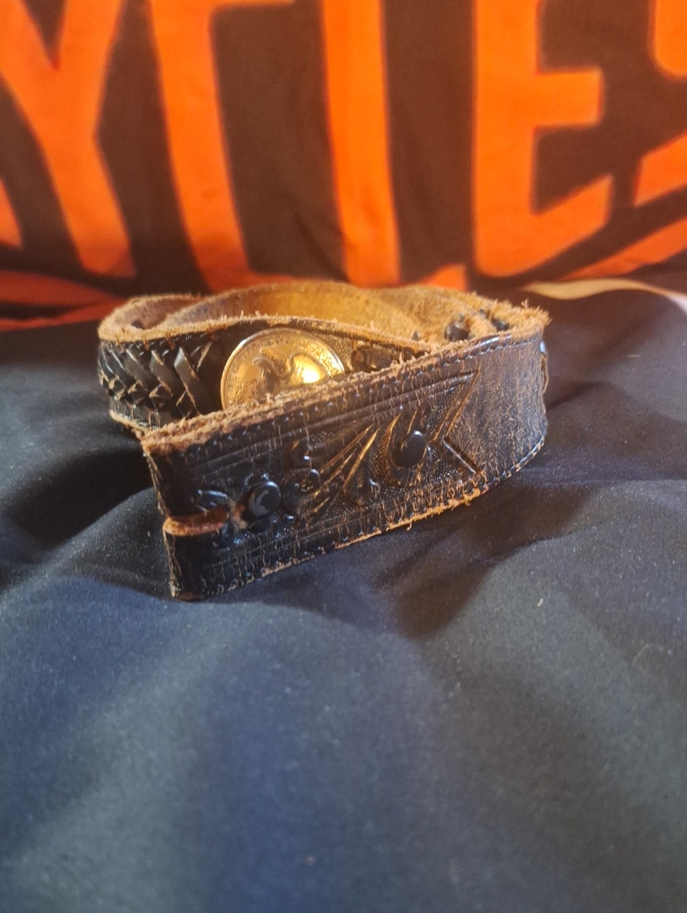Leather Belt with Decorative Button - Brown